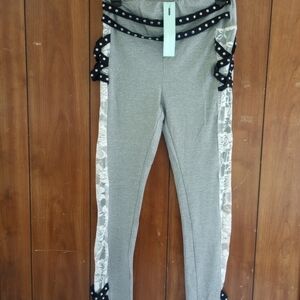 Gray Leggings with Lace and Polka Dot Accents